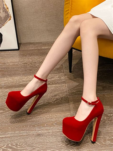 Women Red Sexy High Heels Round Toe Chunky Heel Sexy Shoes Stripper