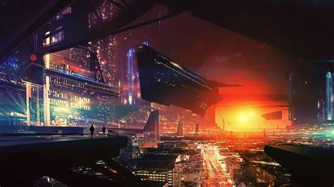 Wallpaper Spaceship Future World Cyberpunk Futuristic