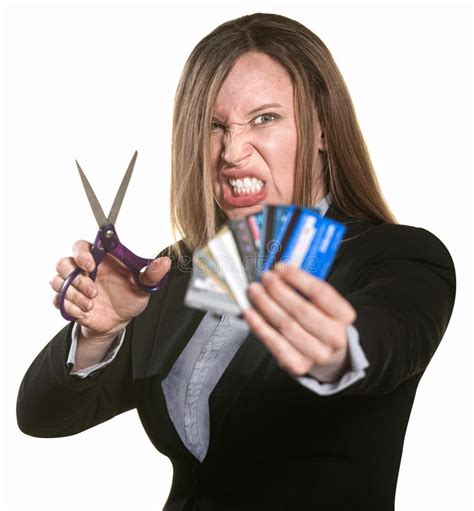 Woman With Credit Cards And Scissors Stock Photo Image Of Finances