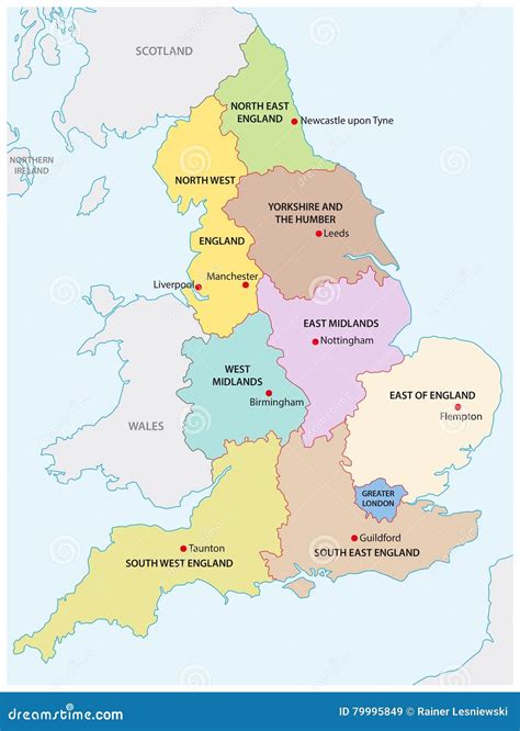 Resuma El Mapa De Las Nueve Regiones De Inglaterra Ilustración Del