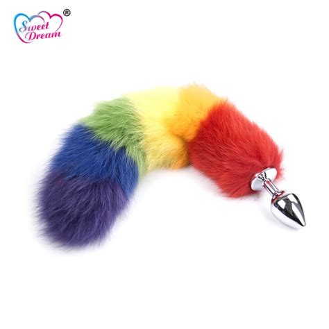 Sweet Dream Rainbow Faux Fox Tail Silicone Metal Butt Plug Animal Tail