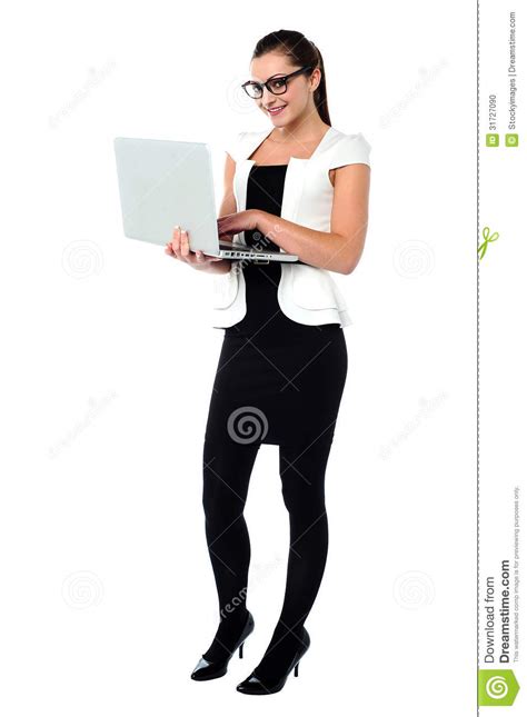 Female Secretary Using Laptop Stock Photo Image Of Holding Full