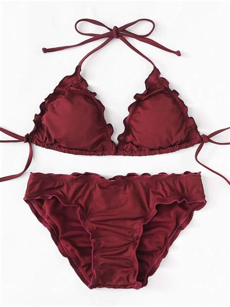 Burgundy Red Swimsuit Lettuce Trim Halter Top Tie Side Bikini Bottom