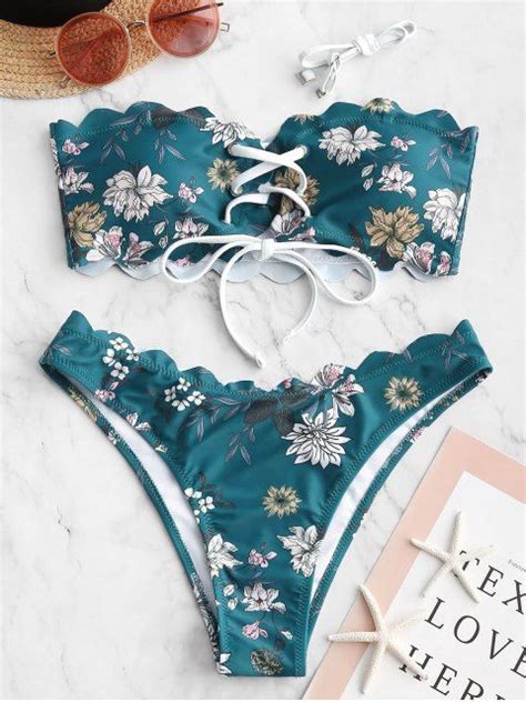 zaful floral lace up scalloped bandeau bikini swimsuit bikini swimsuits bikinis bandeau