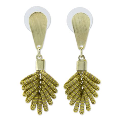Brazilian Golden Grass Dangle Earrings With 18k Gold Amazon Leaf Novica