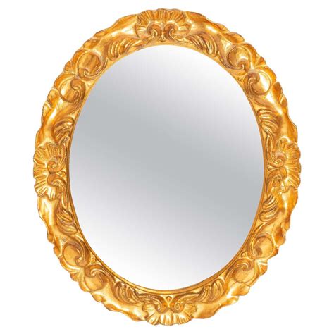 Vintage Small Oval Gold Decorative Wood Mirror In Flowers Frame Italy