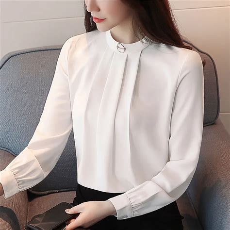 New Ol Women Blouse Formal White Shirt Solid Stand Collar Pleated