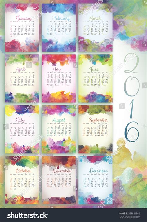 Original Watercolor Calendar With Beautiful Colorful Watercolor