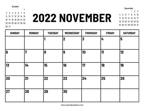 2022 November Calendar Calendar Options
