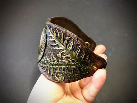 Hand Tooled Leather Cuff Bracelet With Bronzite And Fern Etsy