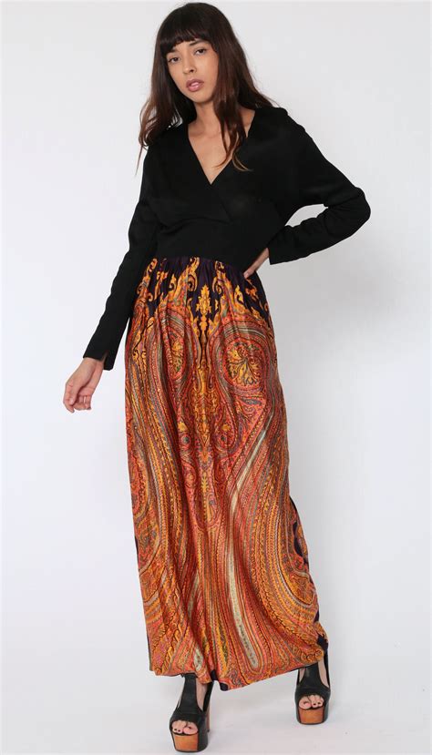 Hippie Maxi Dress 70s Psychedelic Paisley Print Bohemian Long Sleeve