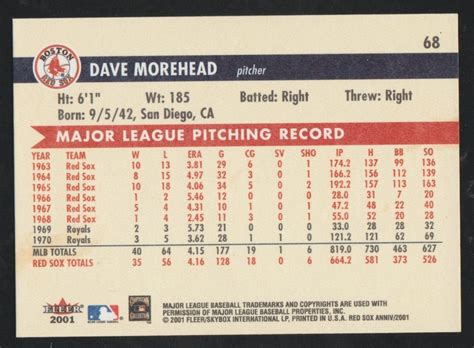 Dave Morehead Autographed 2001 Fleer Red Sox 100th 68 Auto Boston Red Sox Ebay