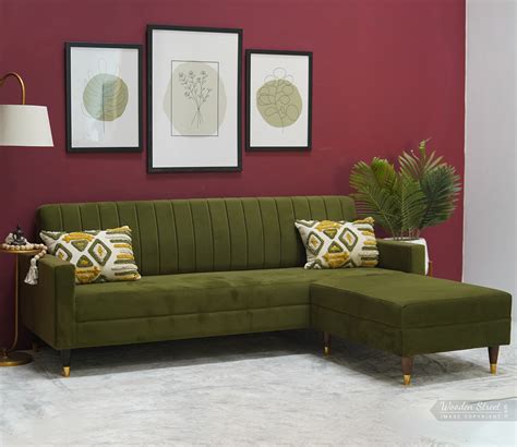 Buy Everett L Shape Fabric Sofa Velvet Dark Olive Green Online In