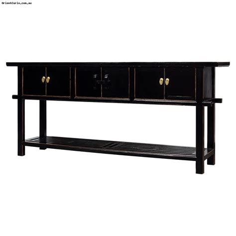 Black Lacquered Oriental Style Long Console Table With Grillwork Panel