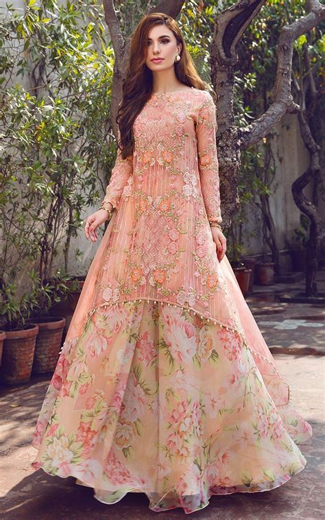 Elegant floral indian anarkali gown with dupatta and churidar,. Peach Floral Kurta Lehenga | Pakistani bridal dresses ...
