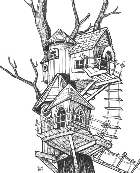 Fantasy Treehouse Drawing Inks By Silvosite Sketch Coloring Page