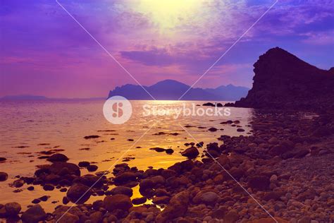 Purple Sunset Over Rocky Beach Royalty Free Stock Image Storyblocks