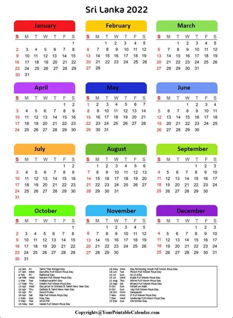 Printable Free Sri Lanka 2022 Calendar With Holidays Pdf