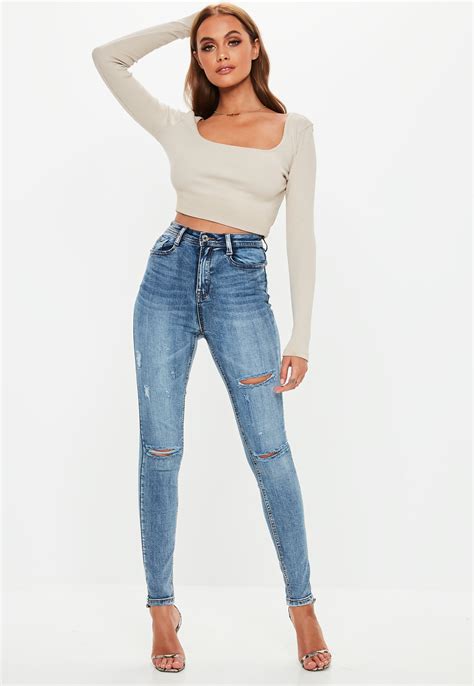 Blue Sinner Vintage Wash Distressed Knee High Waisted Skinny Jeans