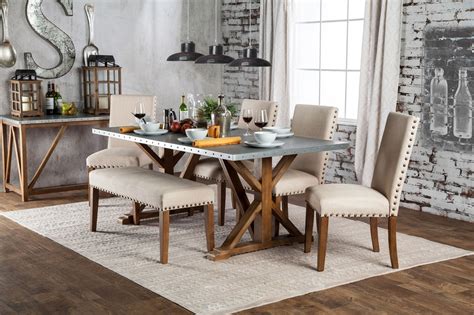 Armous Metal Top Trestle Dining Table Set With Bench Industrial Style