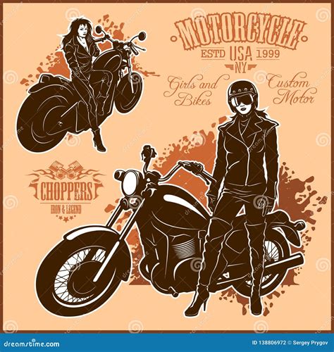 Beautiful Girl On A Motorcycle Draw In Retro Style Stock Illustration