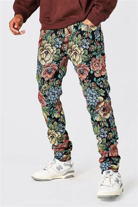 Jeans Boohooman Mens Tall Skinny Rigid Floral Tapestry Jean Black