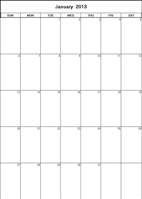 January 2013 Printable Blank Calendar