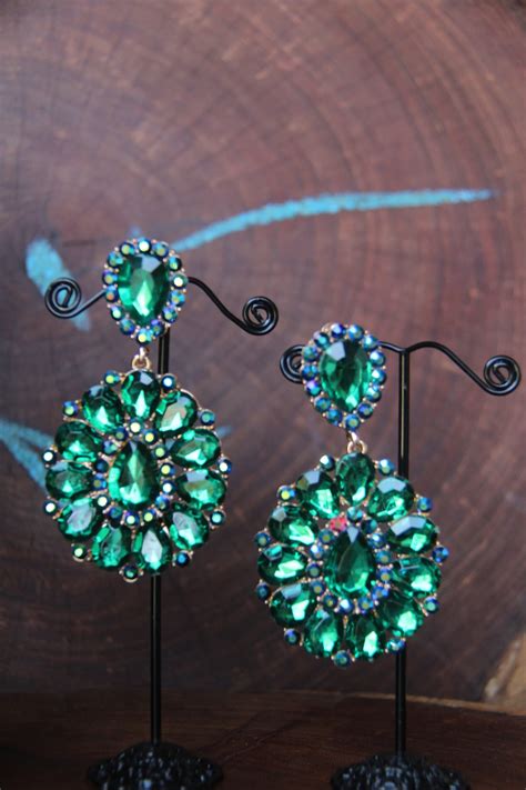 Emerald Green Clip On Earrings Emerald Green Rhinestone Clip Etsy