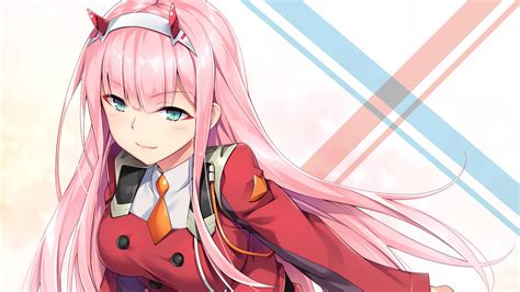 Darling In The Franxx Zero Two With Red Uniform With Background Of White And Pink And Blue Cross