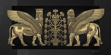 Gold Assyrian Winged Lion And Winged Bull Lumasi With Tree Of Life
