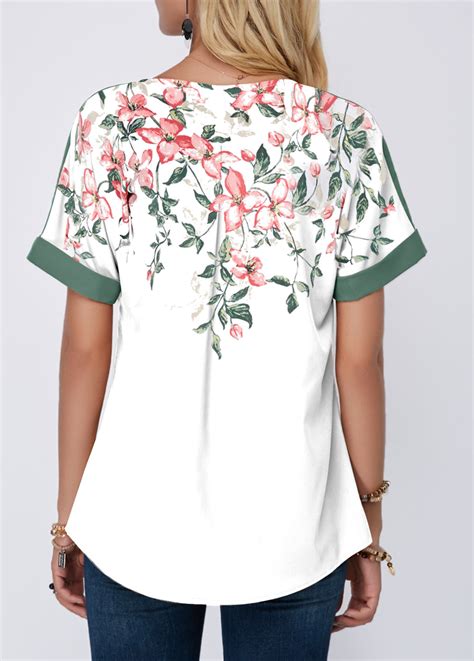 Short Sleeve Floral Print Contrast Piping Blouse Floral Print Blouses