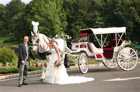 A Bride And Groom Are Standing In Front Of A Horse Drawn Carriage On