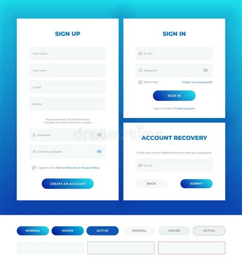 Sign In Sign Up Account Recovery Login Forms Stock Vector