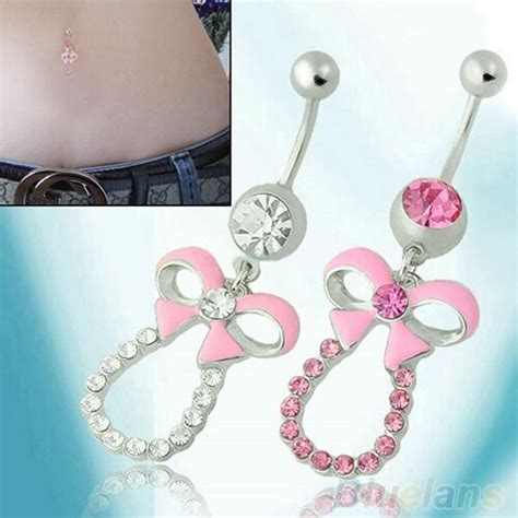 Rhinestone Bowknot Surgical Steel Ball Button Piercing Belly Navel Ring