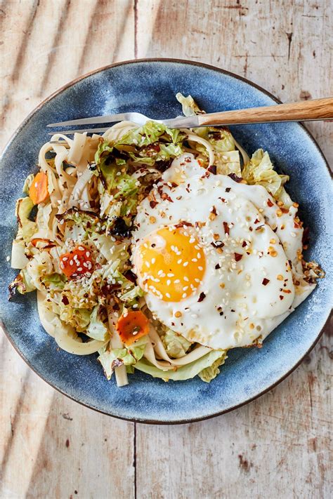 Pickled Carrot And Charred Cabbage Noodle Bowls With Fried Eggs Quick