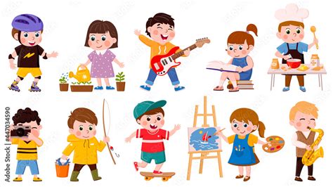Children Hobby Cartoon School Or Preschool Kids Cook Read Draw And