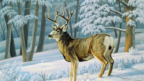 Art Oil Painting Drawing Winter Forest Cute Deer Slope