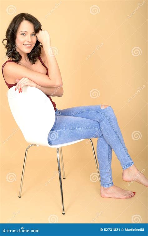 Happy Smiling Young Woman Sitting In A White Chair Relaxing Stock Image Image Of Camera Laid