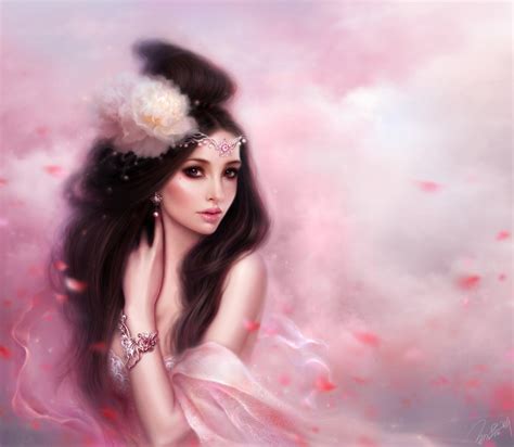 Fantasy Girl Pink Dress Long Hair Petals Beautiful Flower Wallpaper