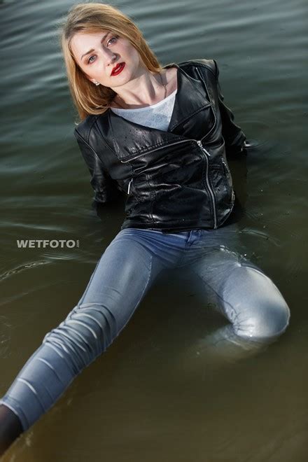 Wetlook By Cute Girl In Leather Jacket And Wet Skinny Jeans In Lake Wetlookone