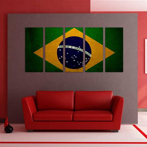 Quadro Decorativo Bandeira Do Brasil Mosaico 5 Peças Moderno
