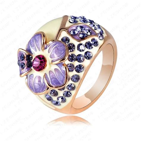 Aenine Vintage Purple Rhinestone Flower Rings Jewelry Gold Color Cz Crystal Element Trendy Rings