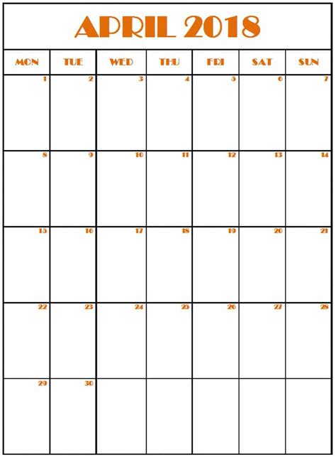 Blank Calendar April 2018 Monthly Template Oppidan Library