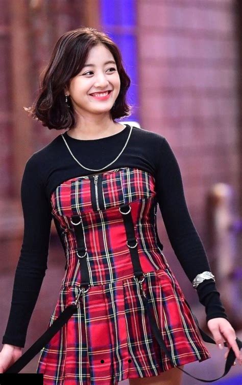 red suspendered plaided dress jihyo twice fashion chingu kpop fashion twice jihyo kpop