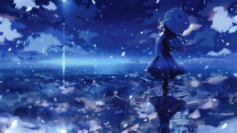 Women Water Blue Touhou Yakumo Yukari Umbrellas Skyscapes Reflections Anime Girls