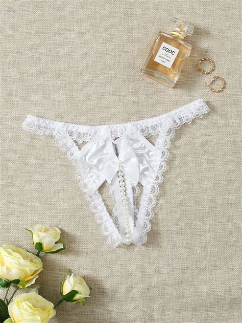 White Romantic Lace Plain Thongs V Strings Embellished Slight Stretch Women Intimates