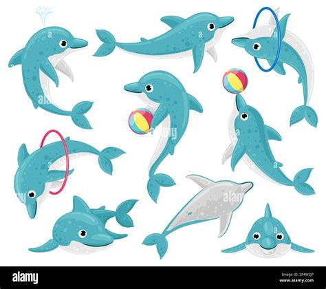 Cute Cartoon Dolphins Underwater Fauna Mammal Character Funny Dolphin Performing Tricks