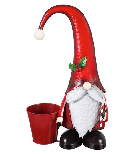 Metal Holiday Garden Gnome Statuary With Planter Wind And Weather