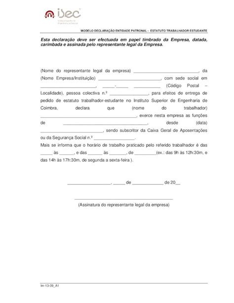 PDF MODELO DECLARAÇÃO ENTIDADE PATRONAL files isec pt documentos servicos acad formularios