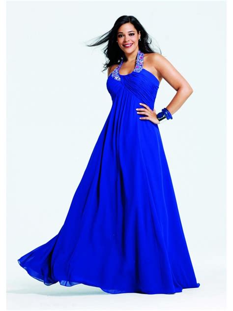 A Line Beaded Halter Long Blue Chiffon Plus Size Prom Evening Formal Party Maternity